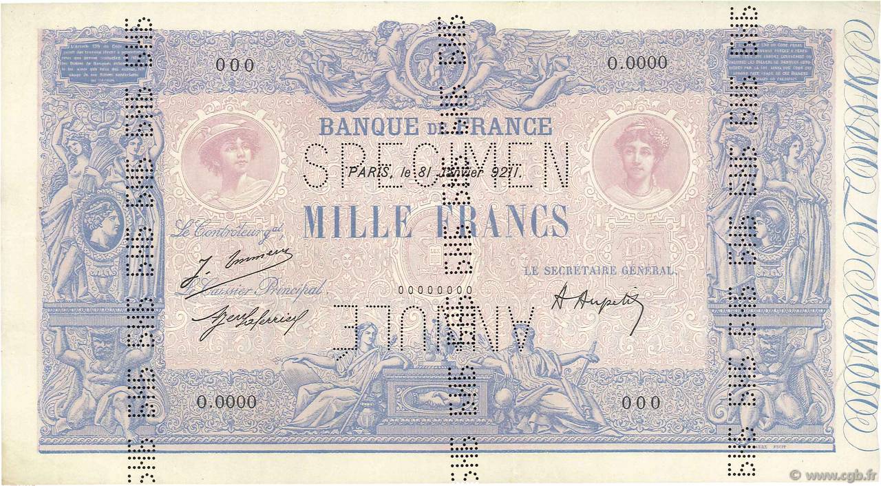 1000 Francs BLEU ET ROSE Spécimen FRANKREICH  1921 F.36.37Sp VZ