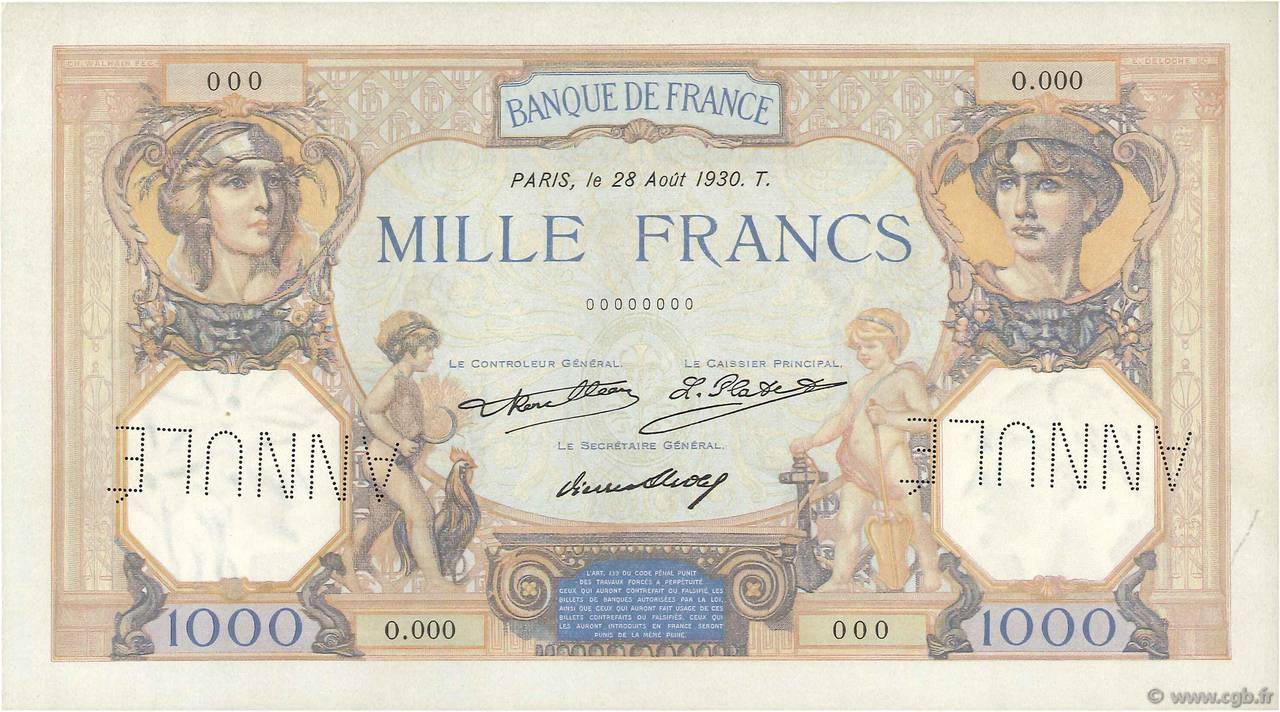 1000 Francs CÉRÈS ET MERCURE Spécimen FRANKREICH  1930 F.37.05Sp fST+