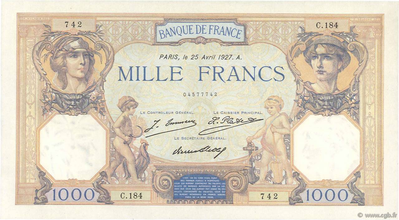 1000 Francs CÉRÈS ET MERCURE FRANKREICH  1927 F.37.01 fST