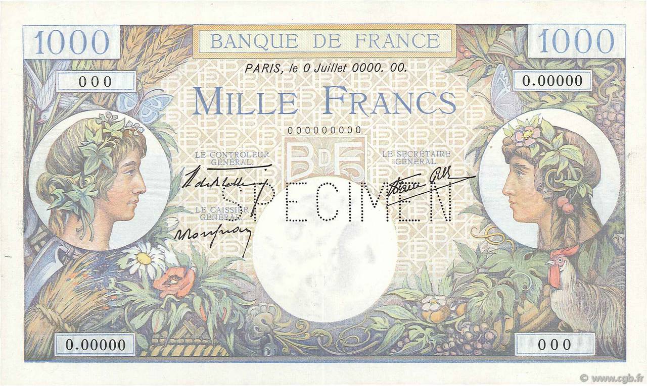 1000 Francs COMMERCE ET INDUSTRIE Spécimen FRANKREICH  1940 F.39.01Sp fST
