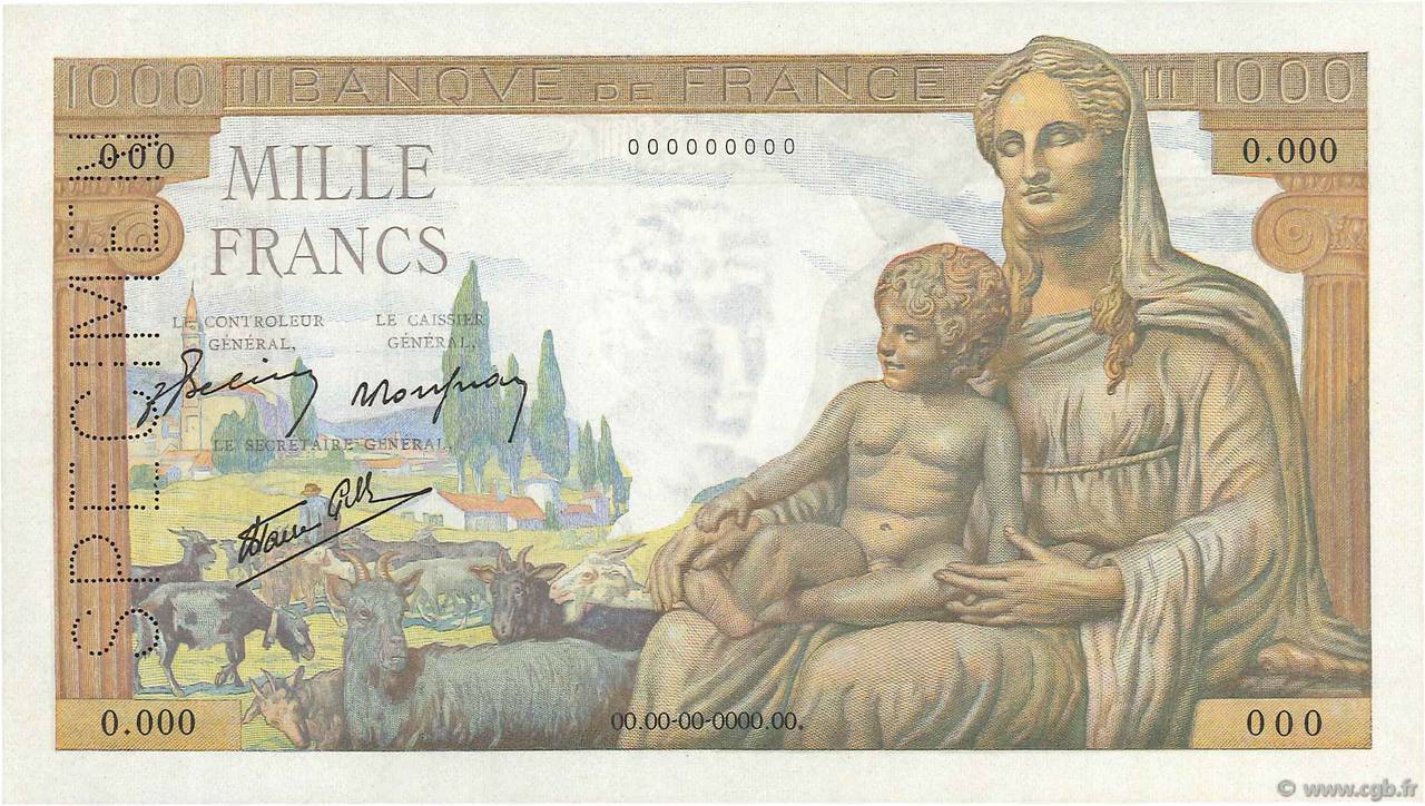 1000 Francs DÉESSE DÉMÉTER Spécimen FRANCE  1942 F.40.01Sp UNC-