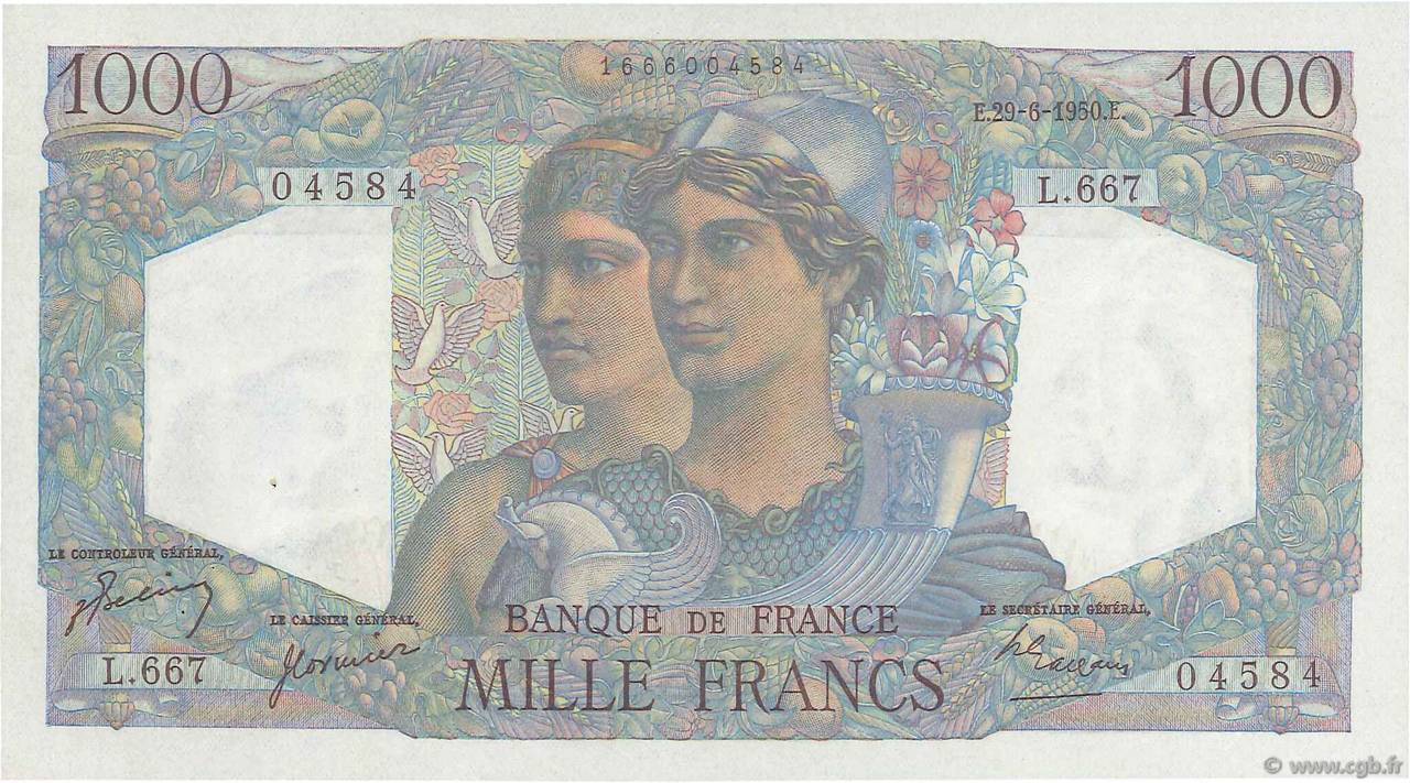 1000 Francs MINERVE ET HERCULE FRANKREICH  1950 F.41.33 VZ to fST