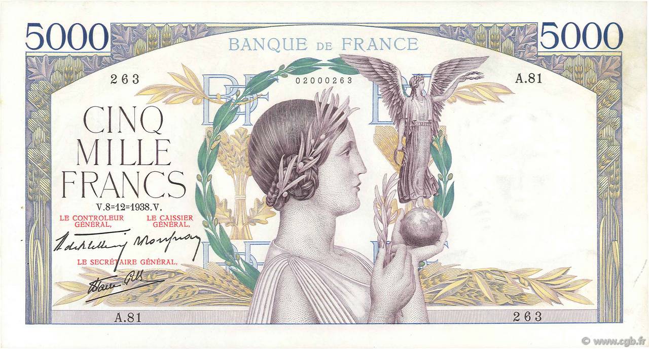 5000 Francs VICTOIRE Impression à plat FRANCIA  1938 F.46.01 SPL
