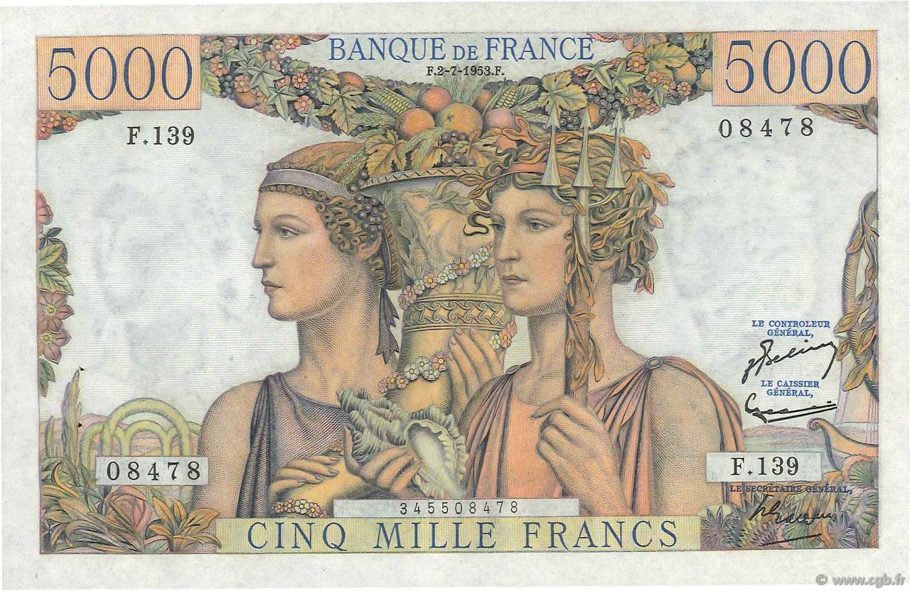 5000 Francs TERRE ET MER FRANCIA  1953 F.48.09 AU