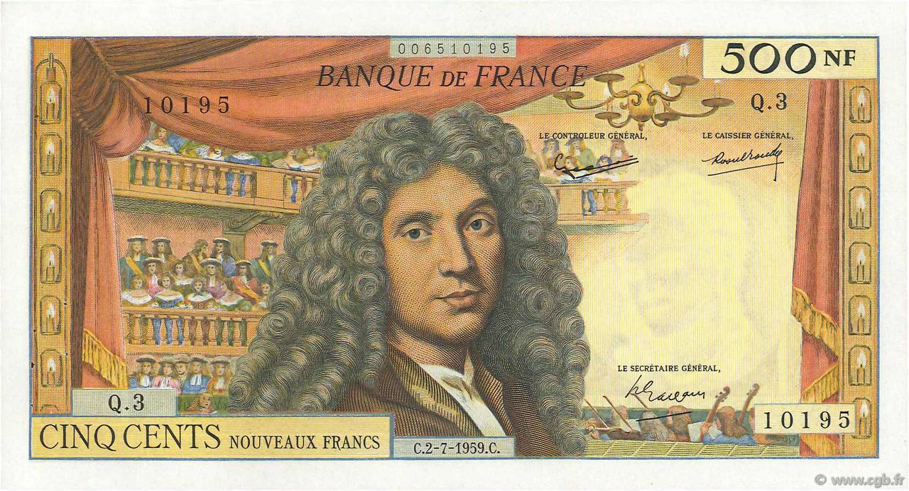 500 Nouveaux Francs MOLIÈRE FRANCE  1959 F.60.01 XF+