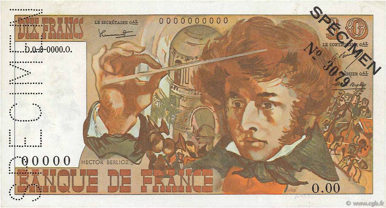 10 Francs BERLIOZ Spécimen FRANCIA  1972 F.63.01Spn2 AU+