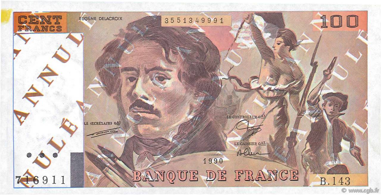 100 Francs DELACROIX imprimé en continu Essai FRANCE  1990 F.69bis.01Ec SUP+