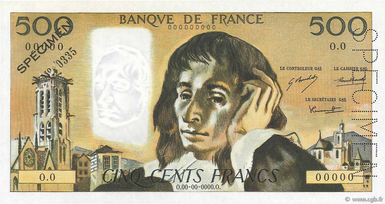 500 Francs PASCAL Spécimen FRANCE  1968 F.71.01Spn UNC