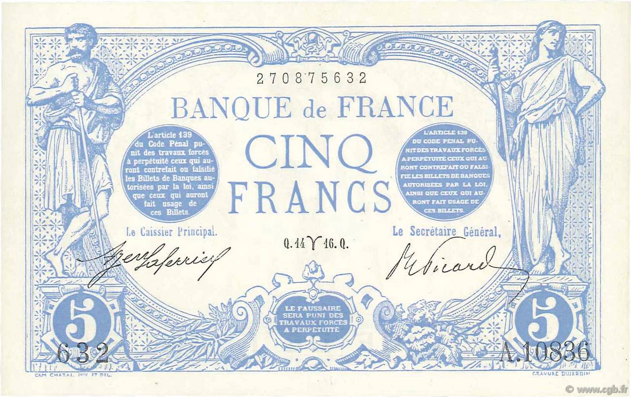 5 Francs BLEU FRANCE  1916 F.02.37 AU+