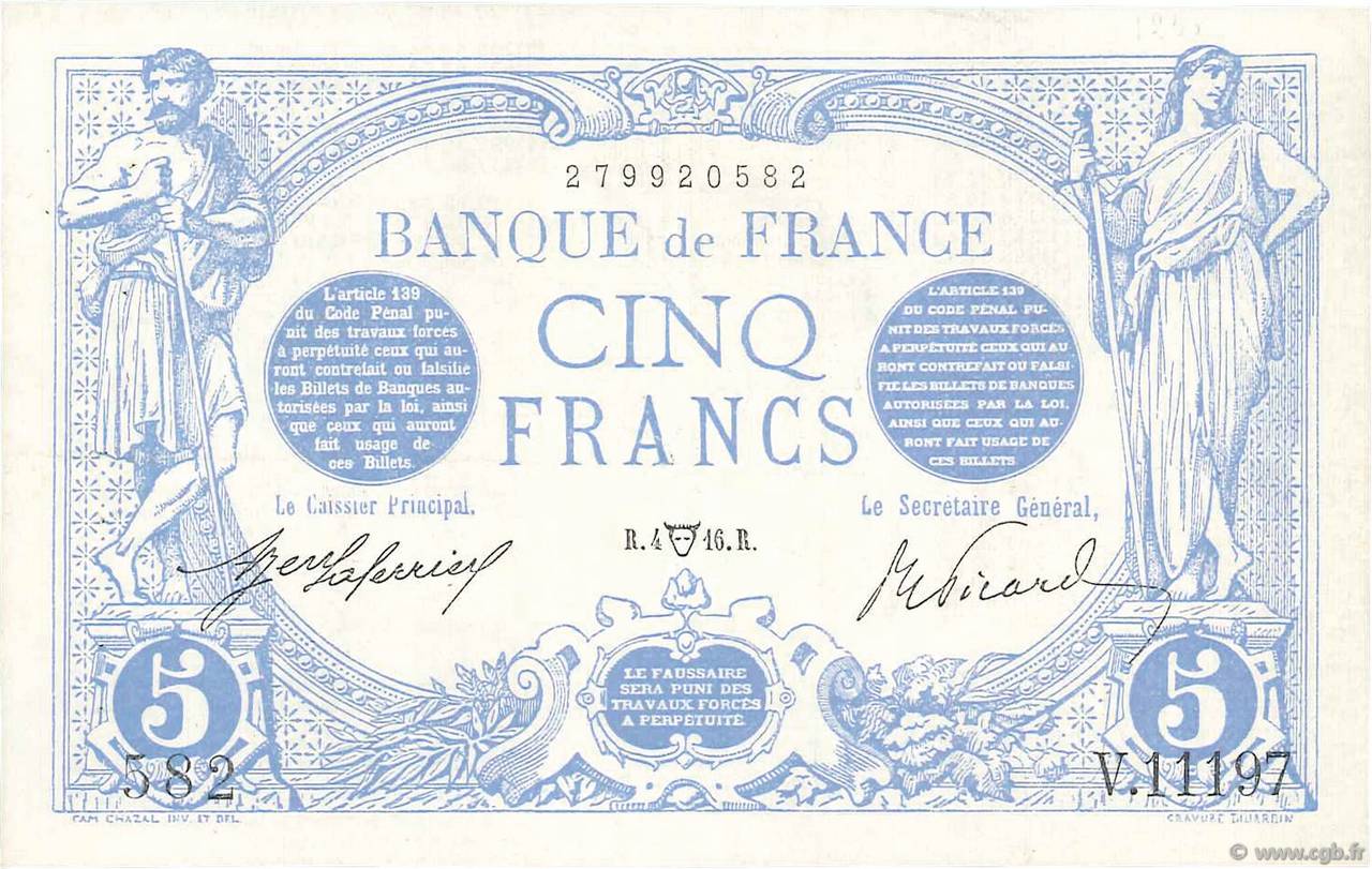 5 Francs BLEU FRANKREICH  1916 F.02.38 fST