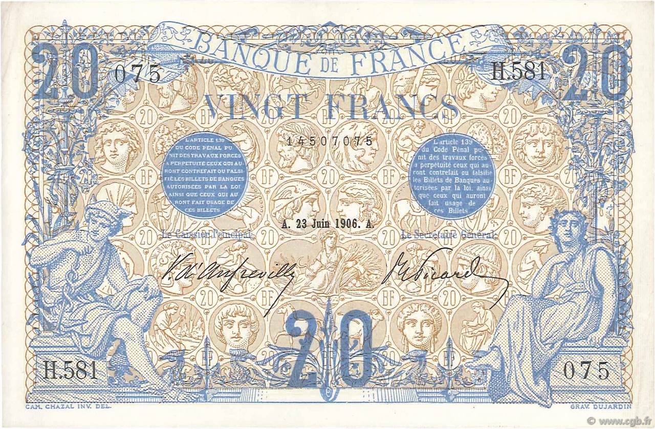 20 Francs BLEU FRANCIA  1906 F.10.01 SPL+