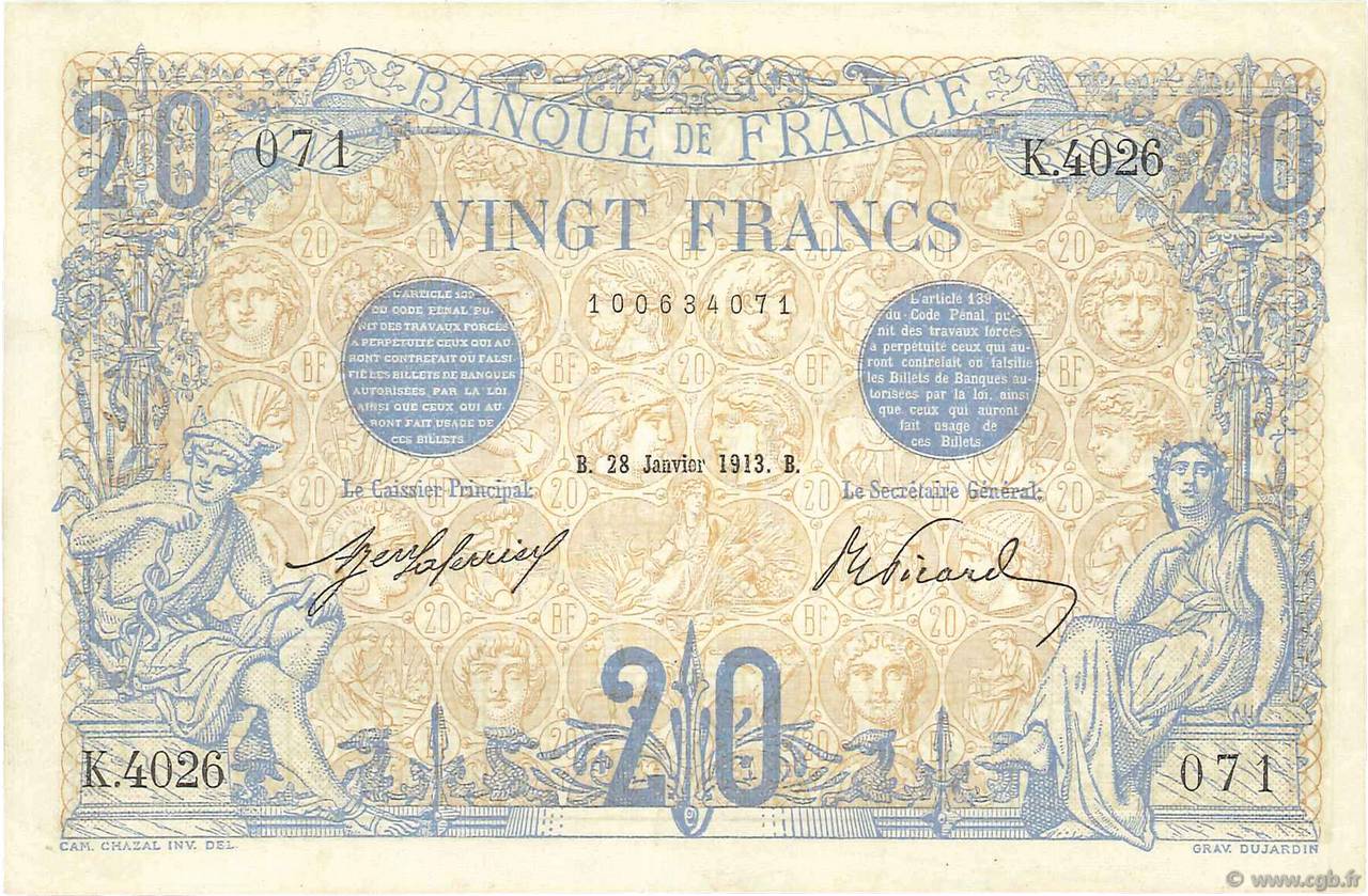 20 Francs BLEU FRANKREICH  1913 F.10.03 VZ