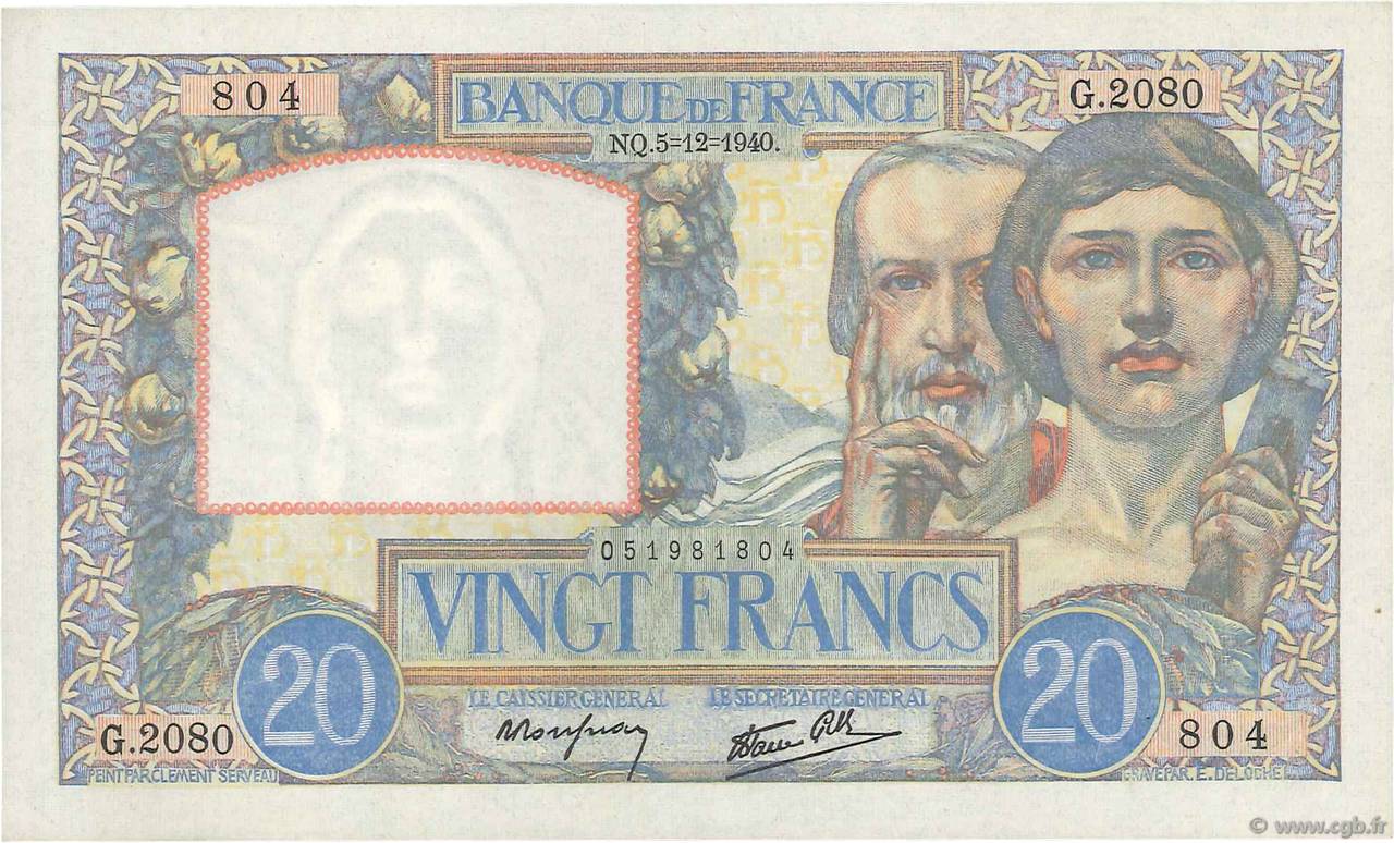 20 Francs TRAVAIL ET SCIENCE FRANCIA  1940 F.12.10 FDC