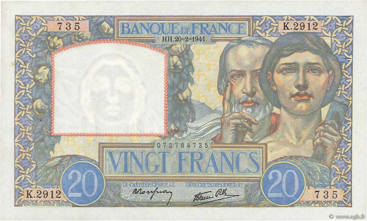 20 Francs TRAVAIL ET SCIENCE FRANCE  1941 F.12.12 XF+