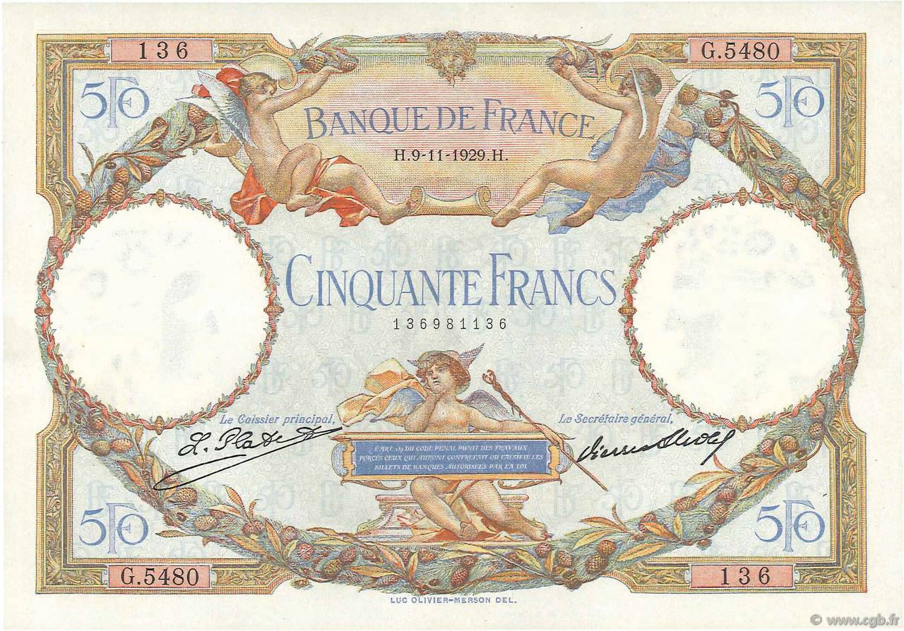 50 Francs LUC OLIVIER MERSON FRANCE  1929 F.15.03 XF
