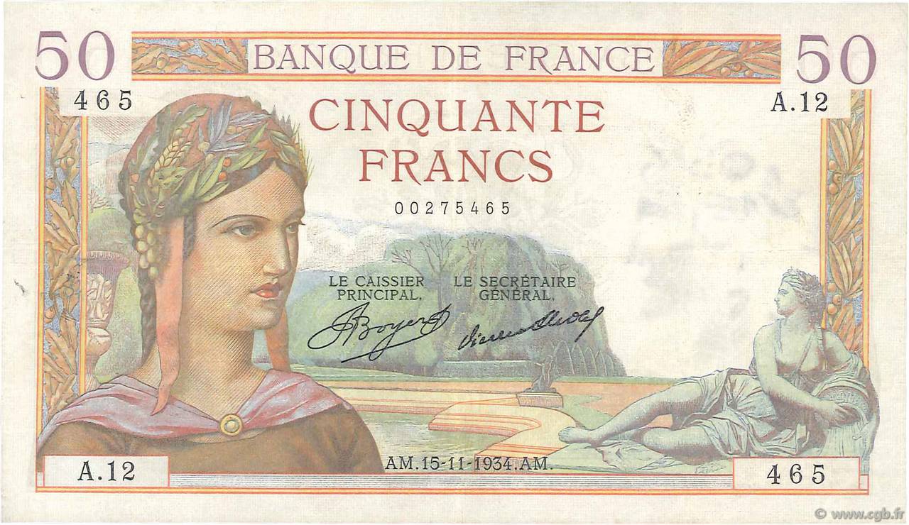 50 Francs CÉRÈS FRANCIA  1934 F.17.01 q.SPL