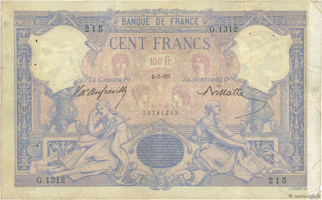 100 Francs BLEU ET ROSE FRANCE  1893 F.21.06 F-