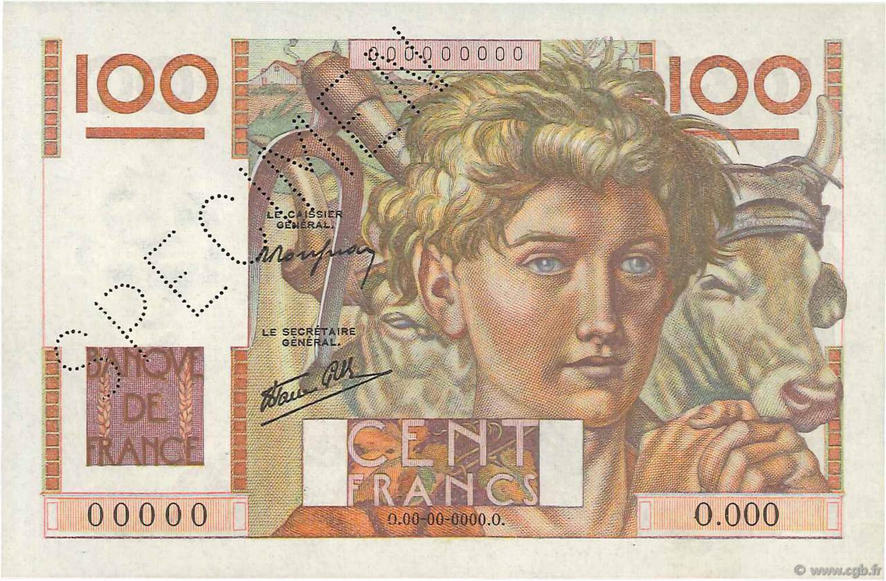 100 Francs JEUNE PAYSAN Spécimen FRANCIA  1945 F.28.01Sp SC+