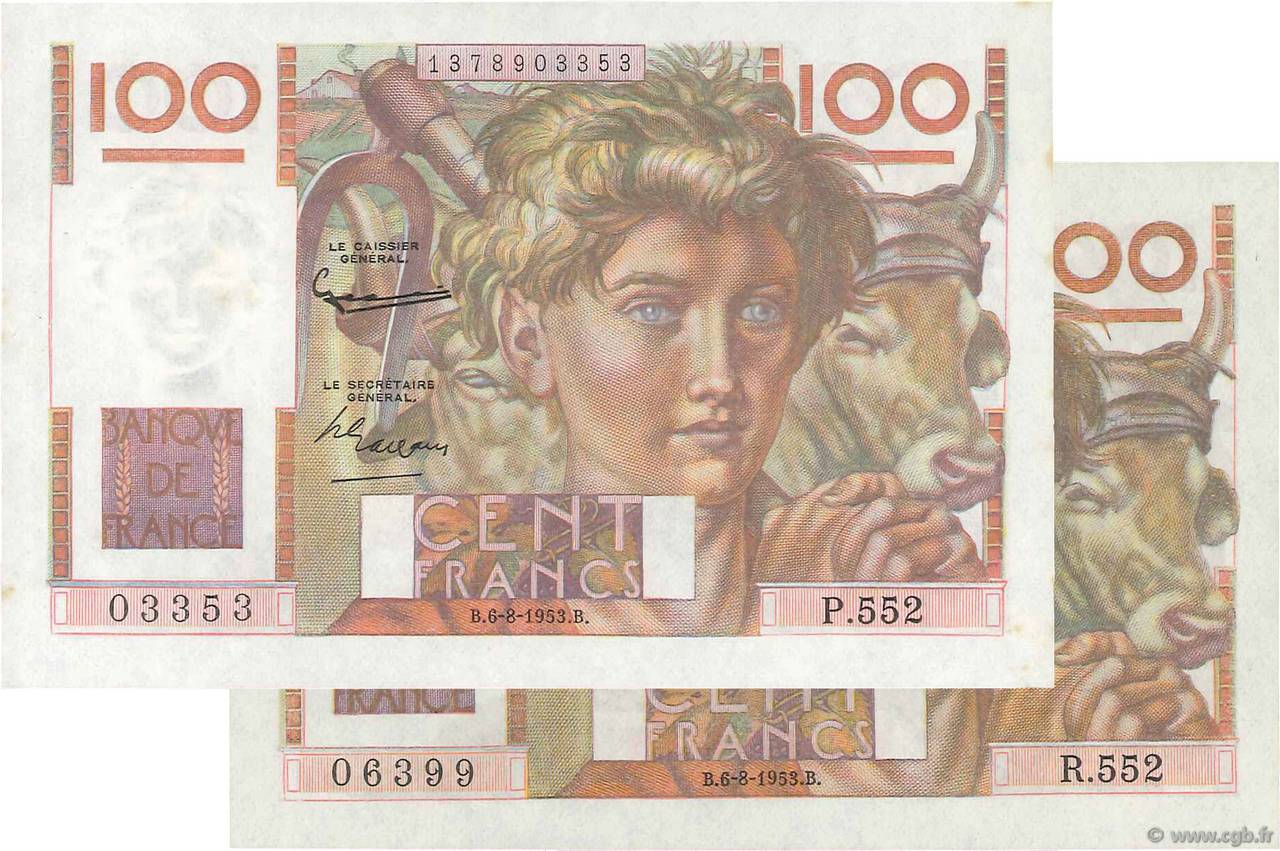 100 Francs JEUNE PAYSAN filigrane inversé Lot FRANCE  1952 F.28bis.02 UNC