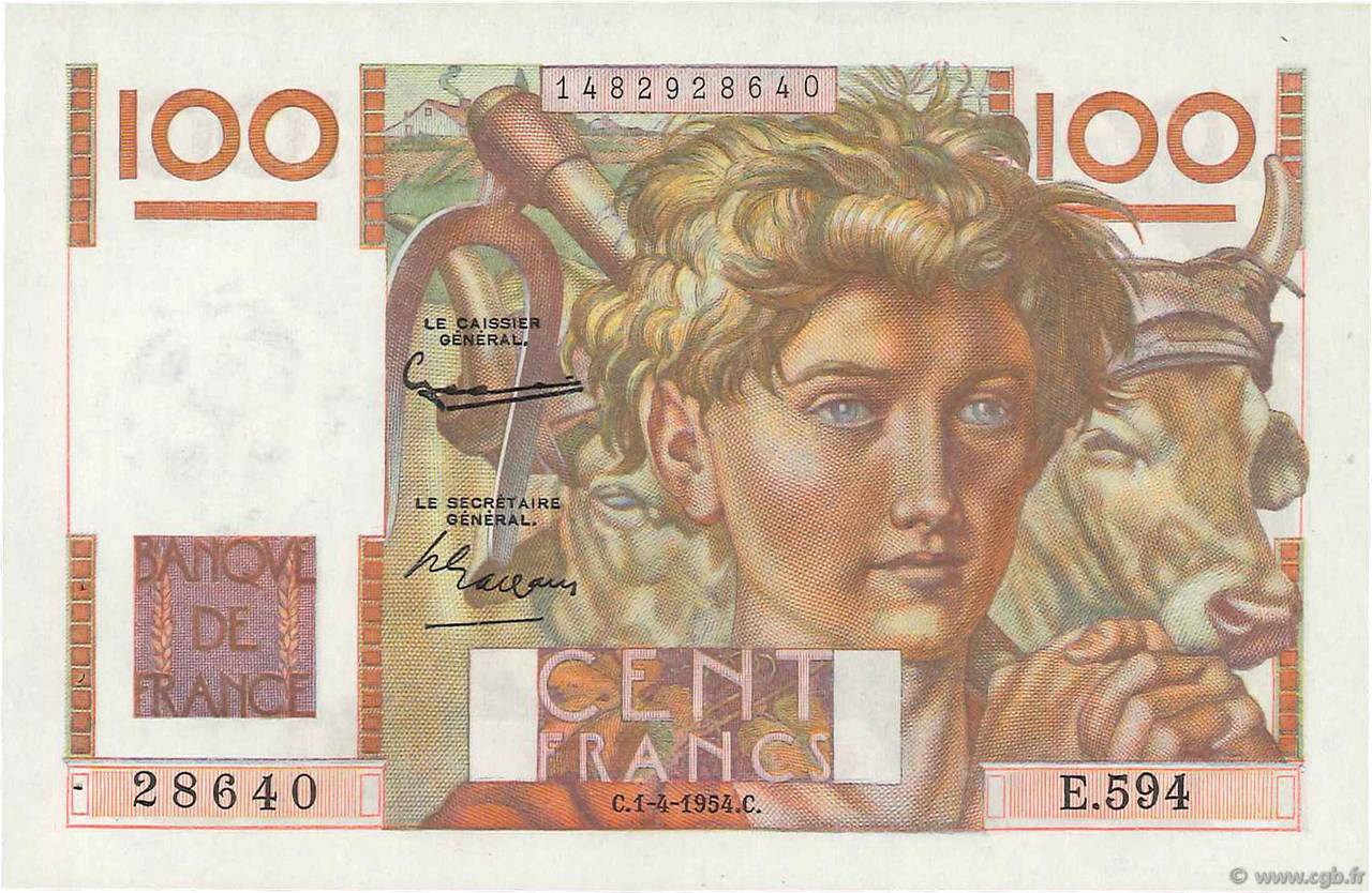 100 Francs JEUNE PAYSAN filigrane inversé FRANKREICH  1954 F.28bis.06 fST