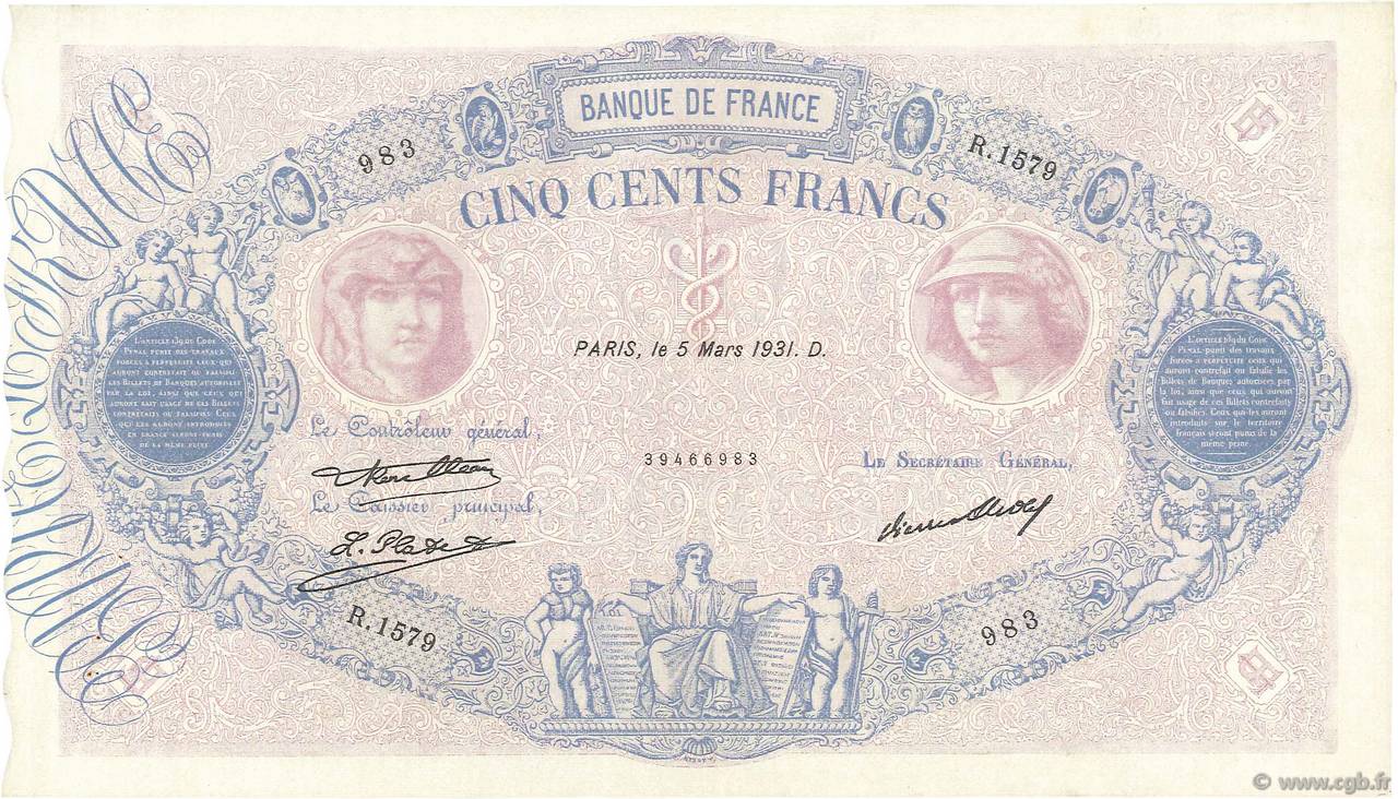 500 Francs BLEU ET ROSE FRANCE  1931 F.30.34 XF+