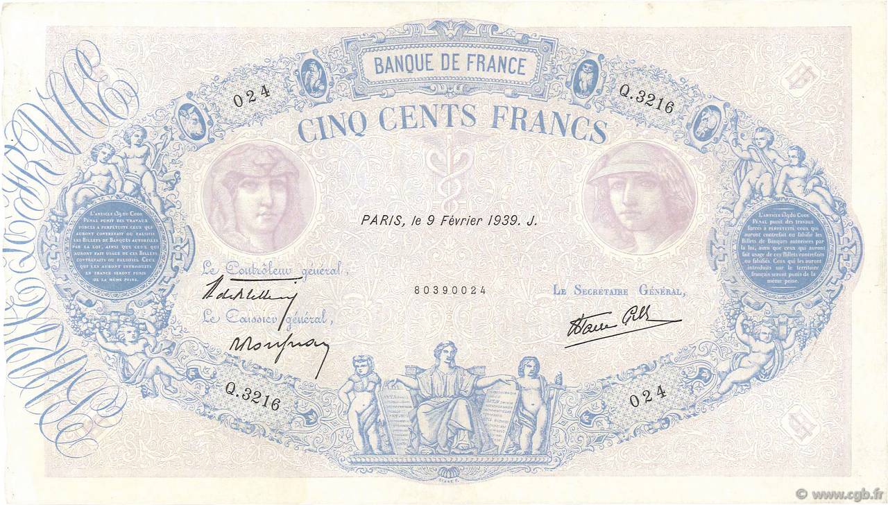 500 Francs BLEU ET ROSE modifié FRANCE  1939 F.31.25 XF-