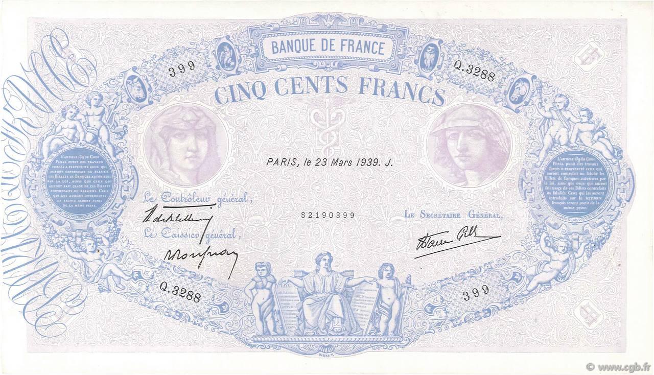 500 Francs BLEU ET ROSE modifié FRANCIA  1939 F.31.28 SPL