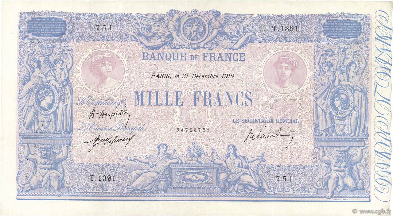 1000 Francs BLEU ET ROSE Grand numéro FRANCE  1919 F.36.34 VF - XF