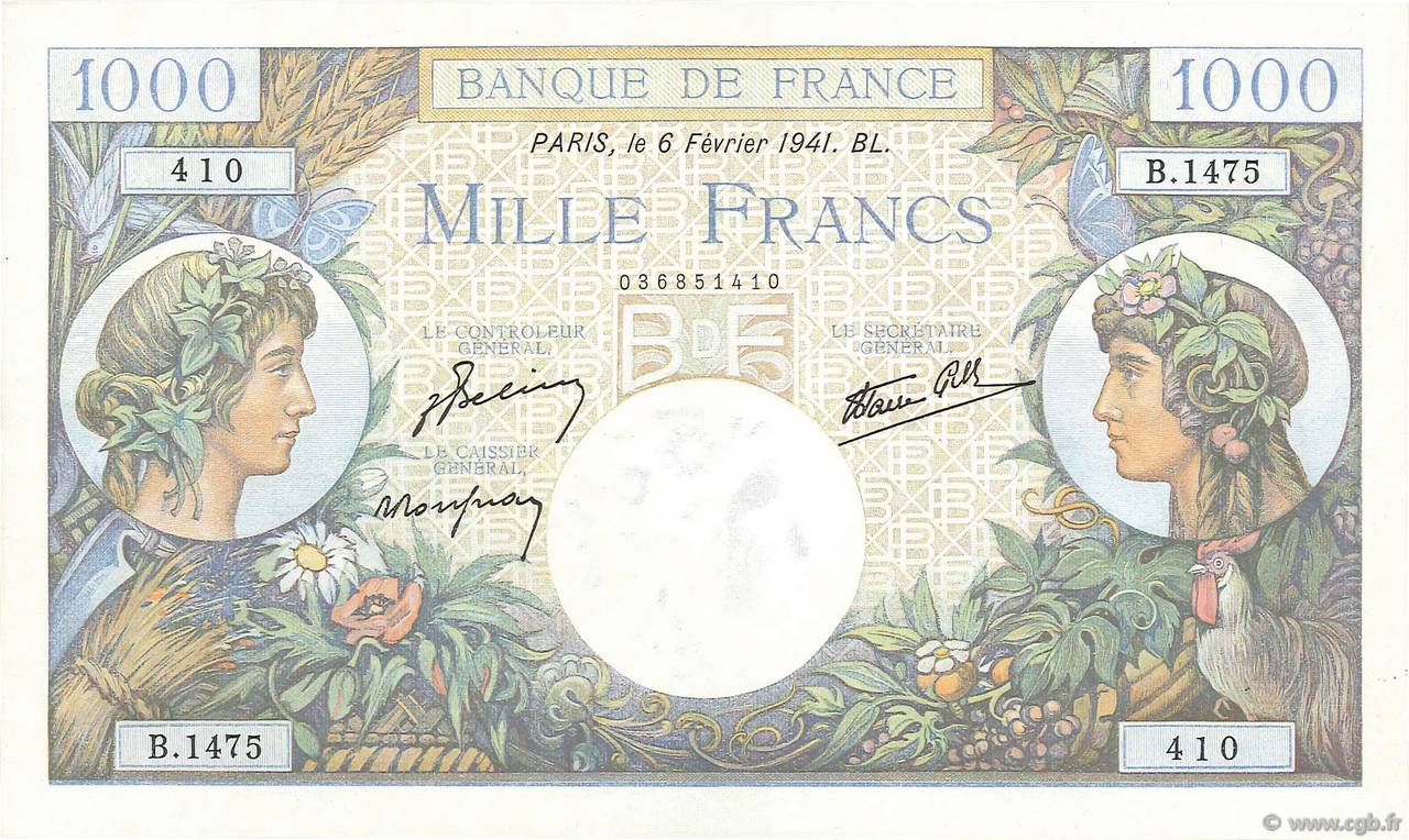 1000 Francs COMMERCE ET INDUSTRIE FRANCIA  1941 F.39.04 q.FDC