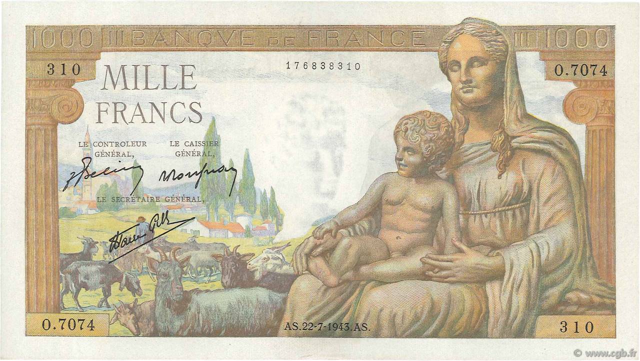 1000 Francs DÉESSE DÉMÉTER FRANCE  1943 F.40.31 pr.NEUF