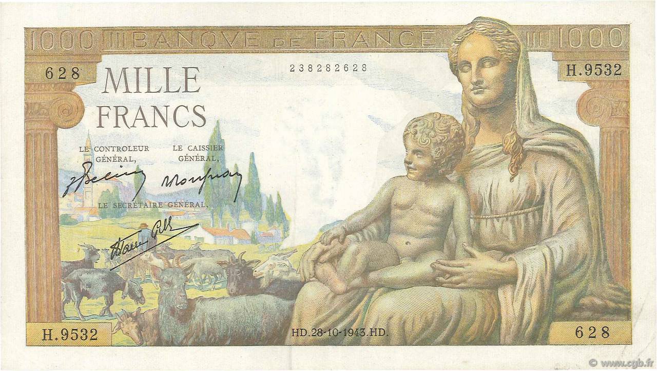 1000 Francs DÉESSE DÉMÉTER FRANKREICH  1943 F.40.38 SS