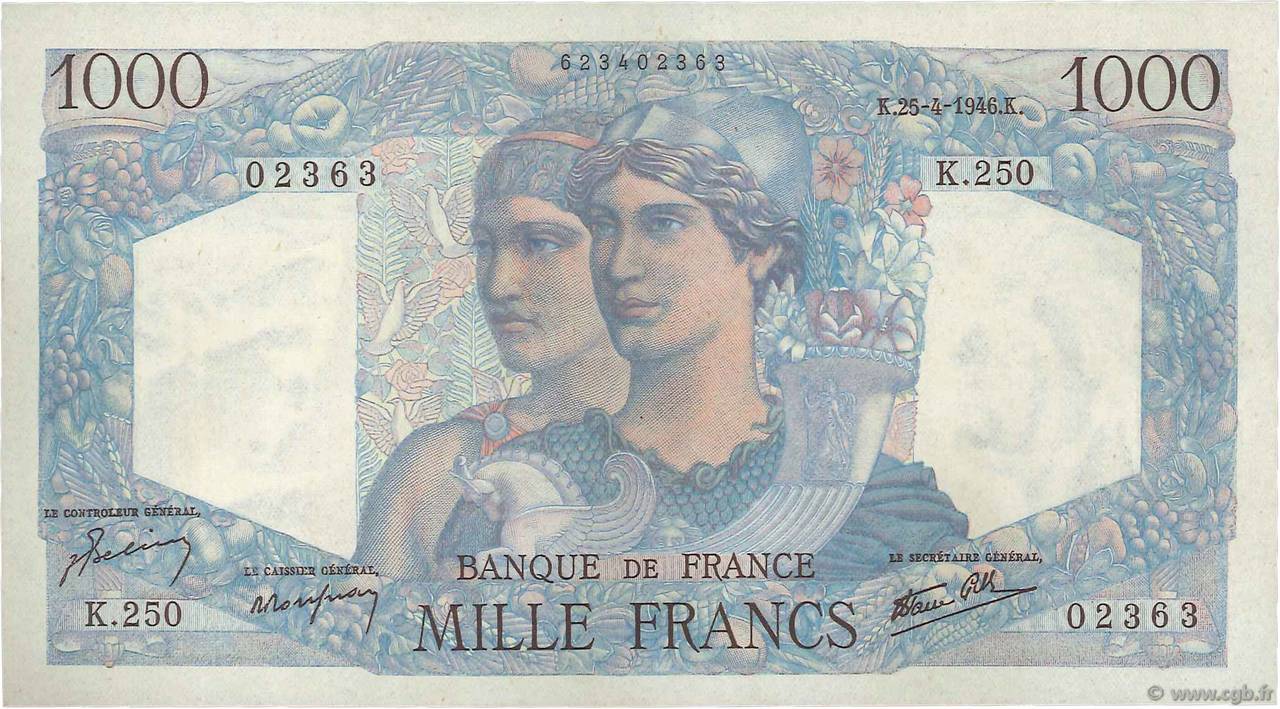 1000 Francs MINERVE ET HERCULE FRANCE  1946 F.41.13 AU+