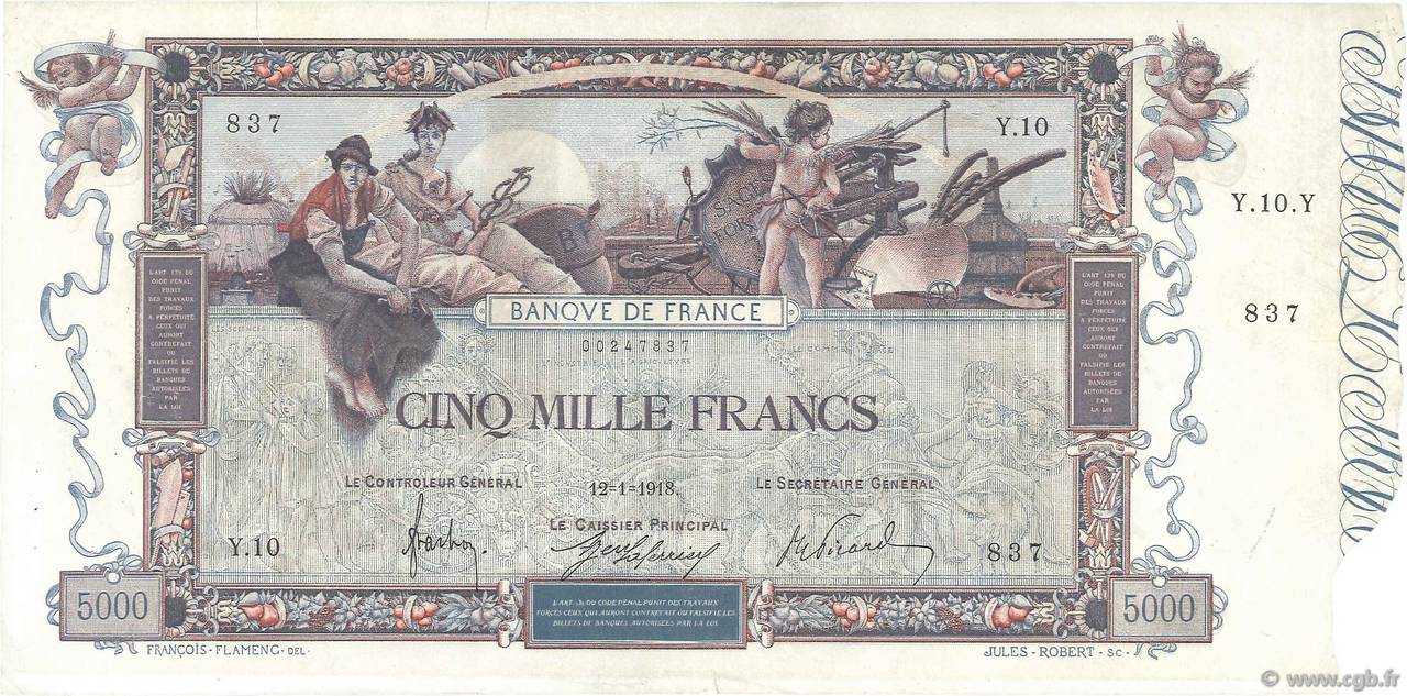 5000 Francs FLAMENG FRANCE  1918 F.43.01 F+