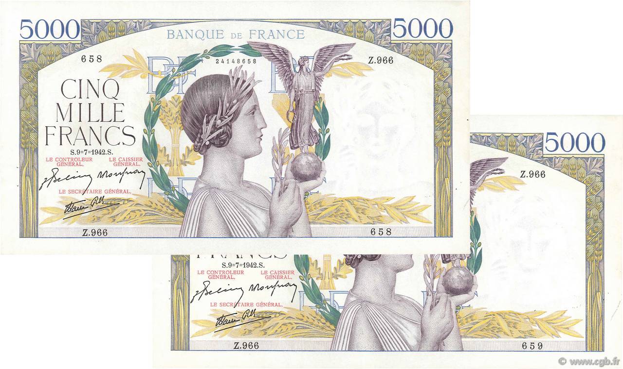 5000 Francs VICTOIRE Impression à plat Consécutifs FRANCIA  1942 F.46.38 SC