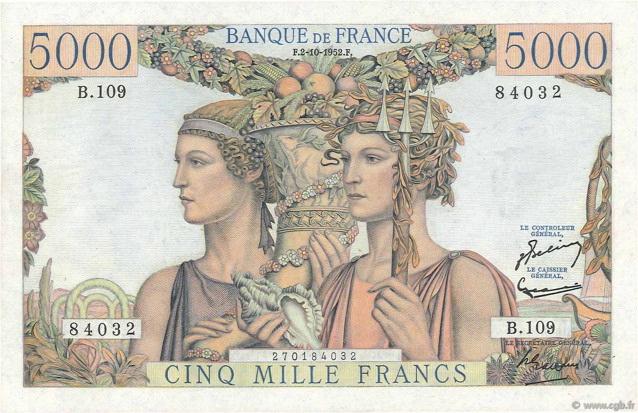 5000 Francs TERRE ET MER FRANCE  1952 F.48.07 AU