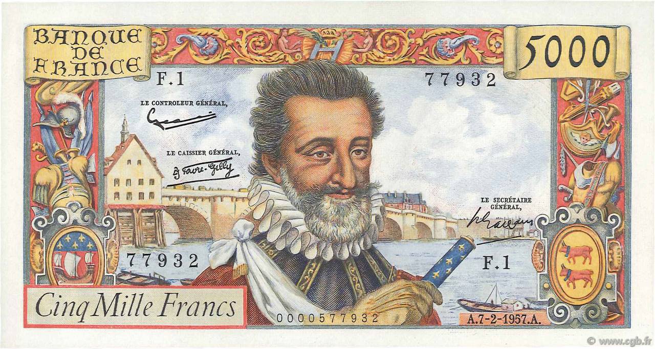 5000 Francs HENRI IV FRANCE  1957 F.49.01 UNC-