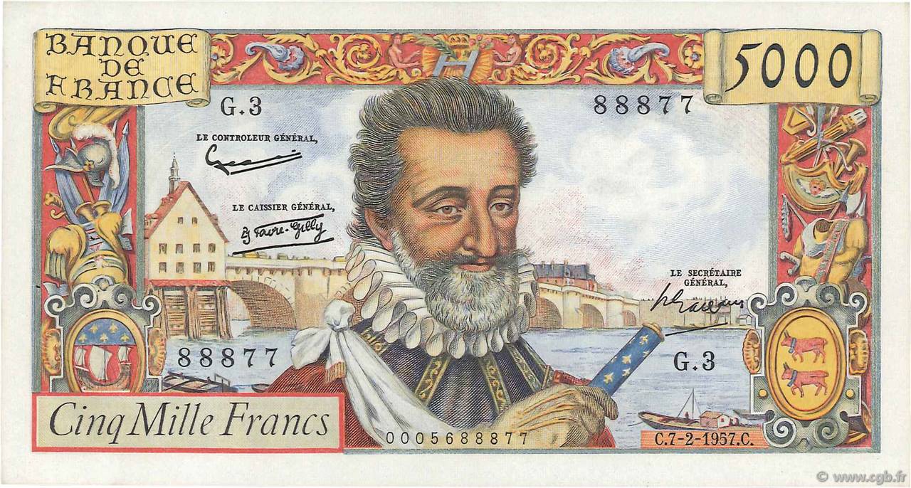5000 Francs HENRI IV FRANCIA  1957 F.49.01 SPL+