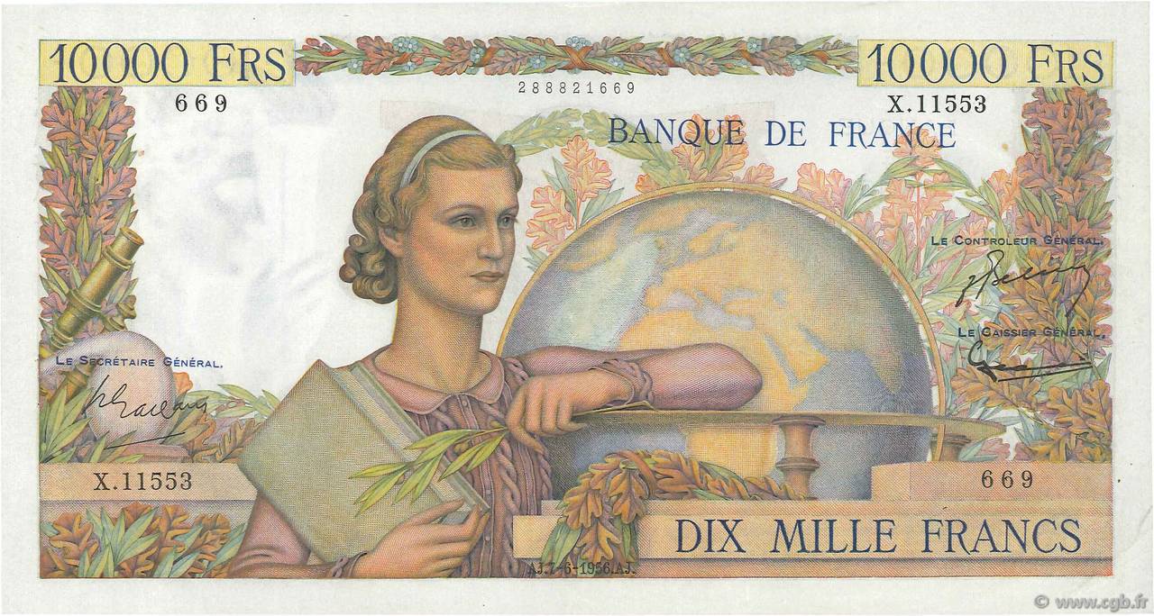 10000 Francs GÉNIE FRANÇAIS FRANCE  1956 F.50.81 XF+
