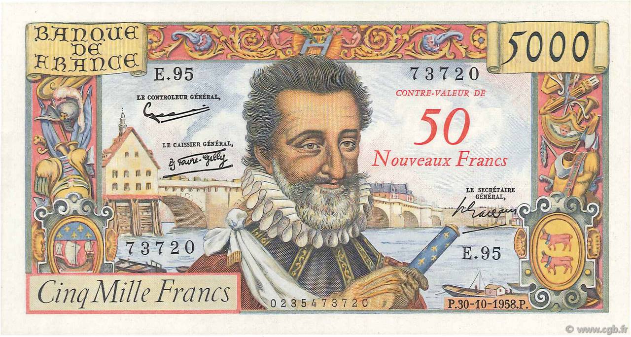 50 NF sur 5000 Francs HENRI IV FRANCIA  1958 F.54.01 EBC a SC