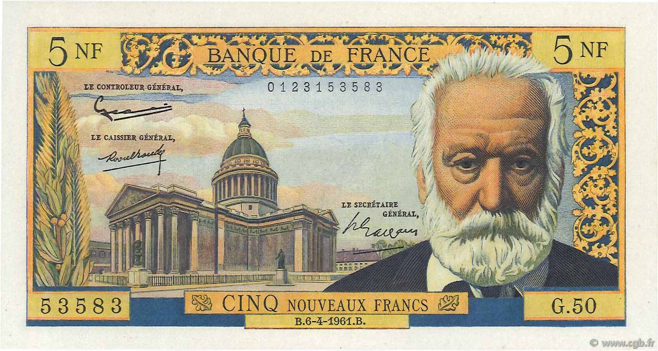 5 Nouveaux Francs VICTOR HUGO FRANCE  1961 F.56.07 UNC-