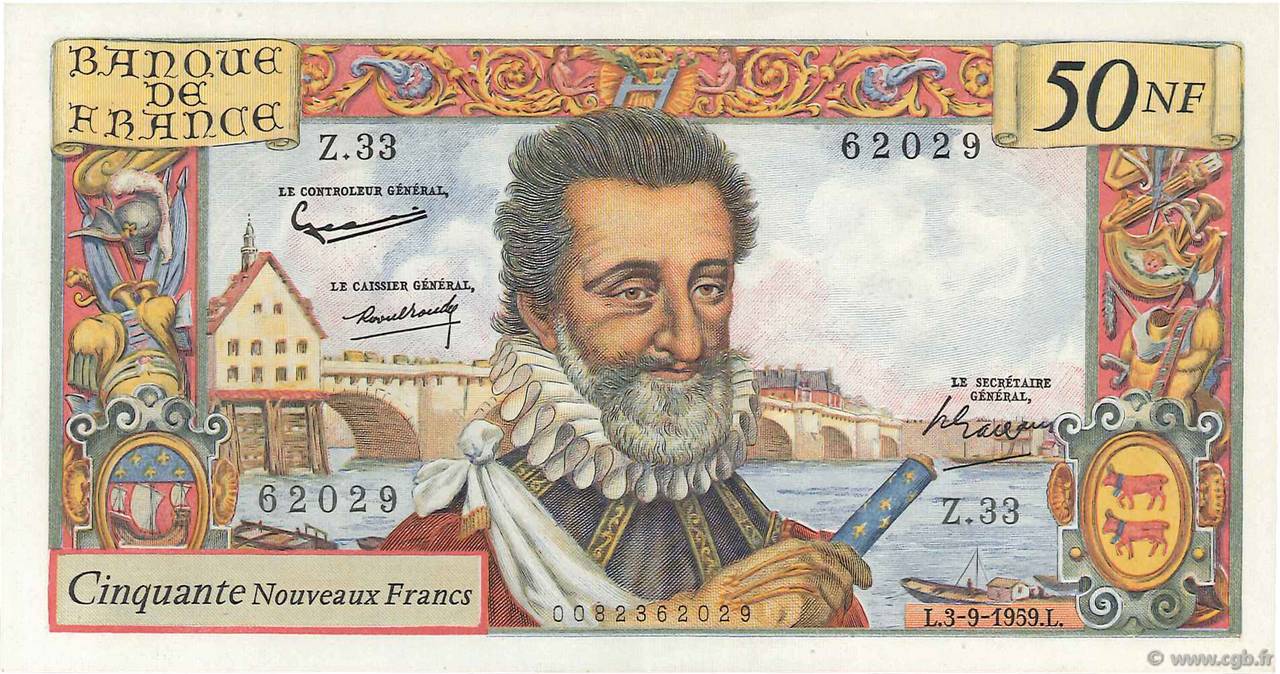 50 Nouveaux Francs HENRI IV FRANCIA  1959 F.58.03 AU+