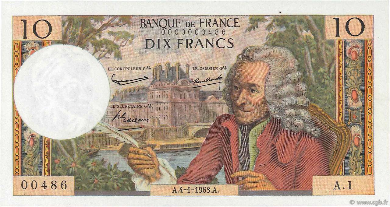 10 Francs VOLTAIRE Petit numéro FRANCIA  1963 F.62.01A1 q.FDC