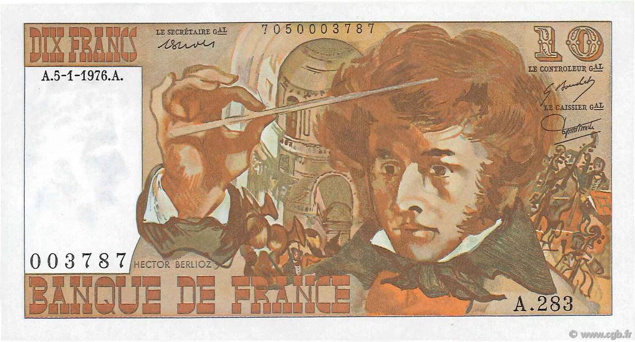 10 Francs BERLIOZ FRANKREICH  1976 F.63.17A283 fST+