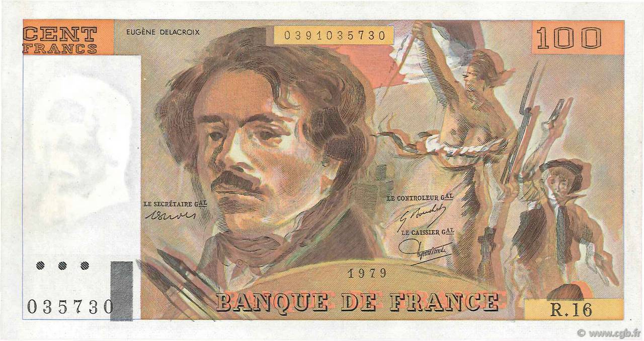 100 Francs DELACROIX modifié Fauté FRANCE  1979 F.69.02c AU