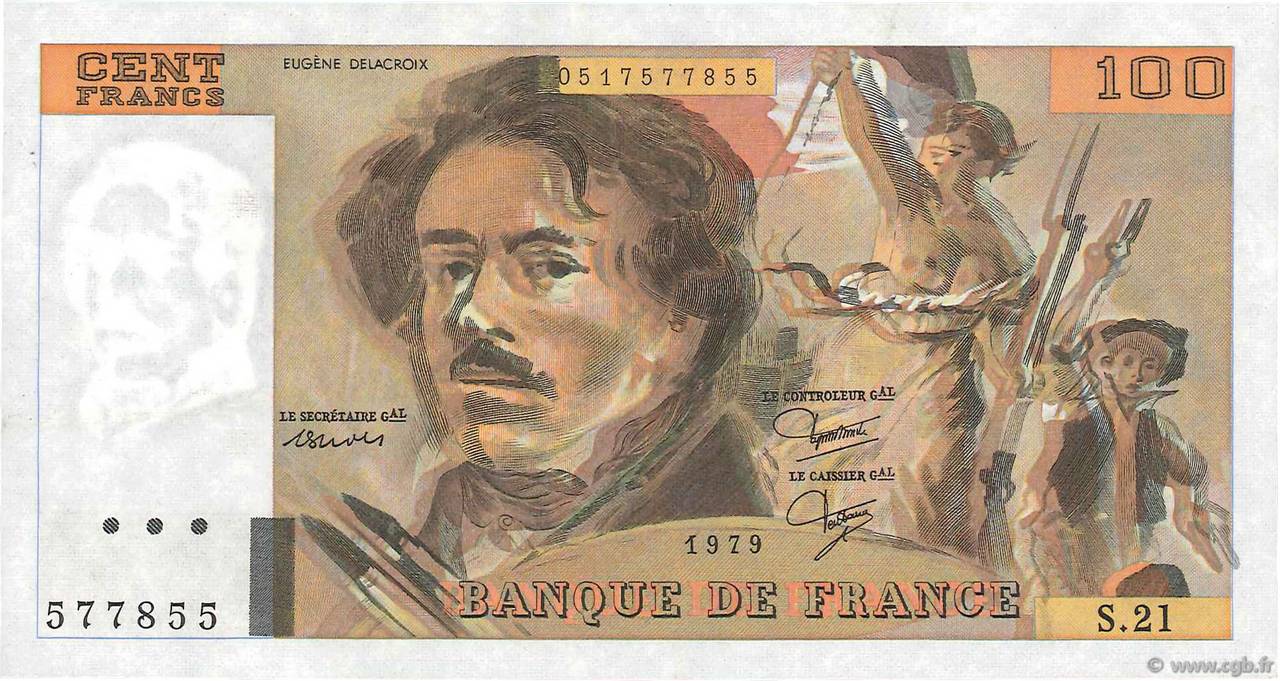 100 Francs DELACROIX modifié Fauté FRANCE  1979 F.69.03 XF