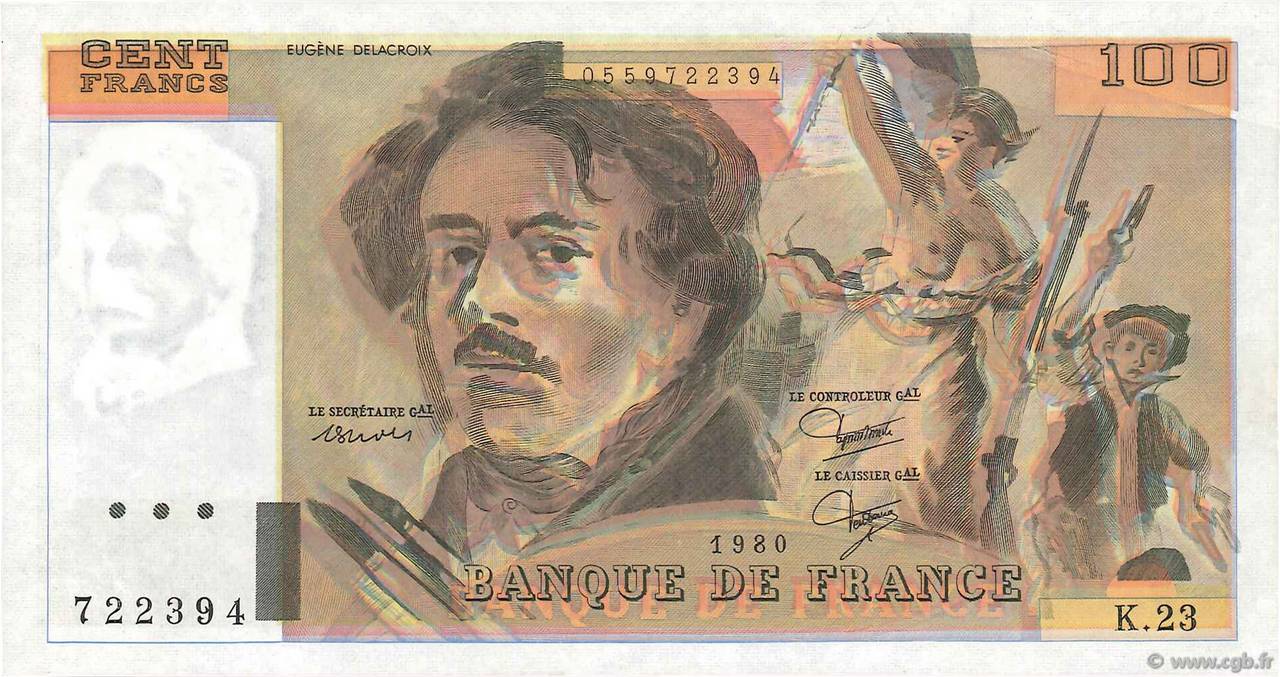 100 Francs DELACROIX modifié Fauté FRANCIA  1980 F.69.04a SC