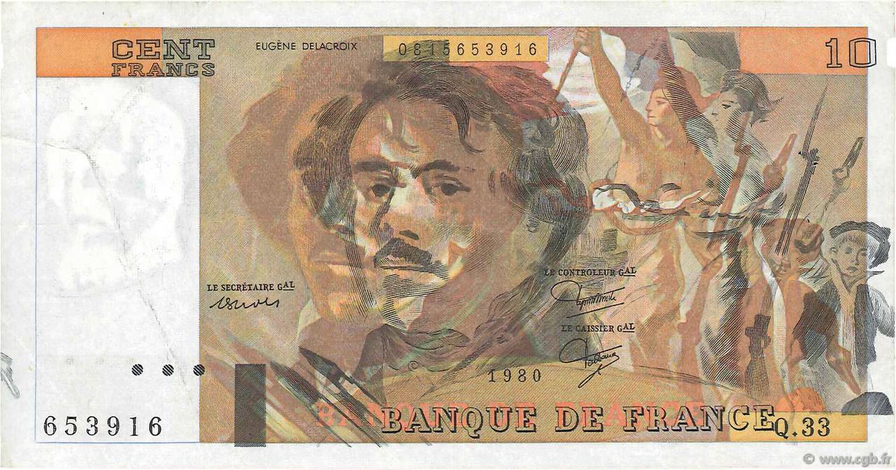100 Francs DELACROIX modifié Fauté FRANKREICH  1980 F.69.04a SS