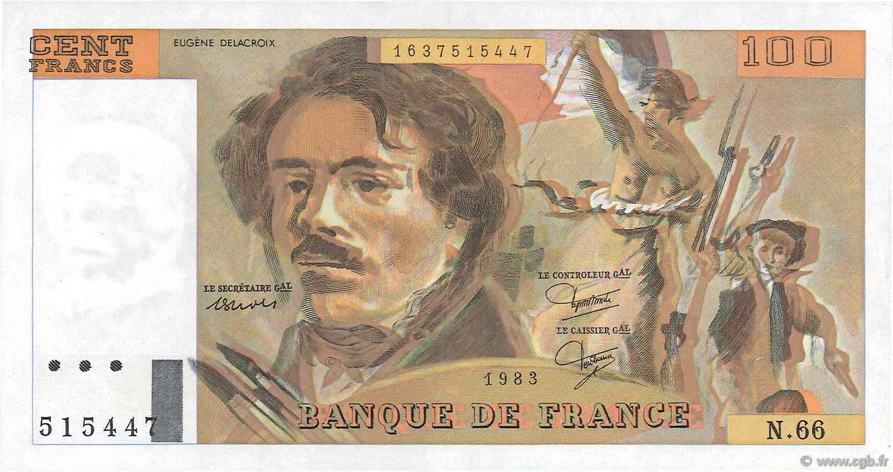 100 Francs DELACROIX modifié Fauté FRANKREICH  1983 F.69.07 VZ+