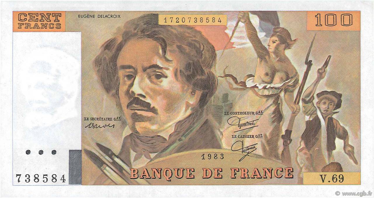 100 Francs DELACROIX modifié Fauté FRANCE  1983 F.69.07 UNC-