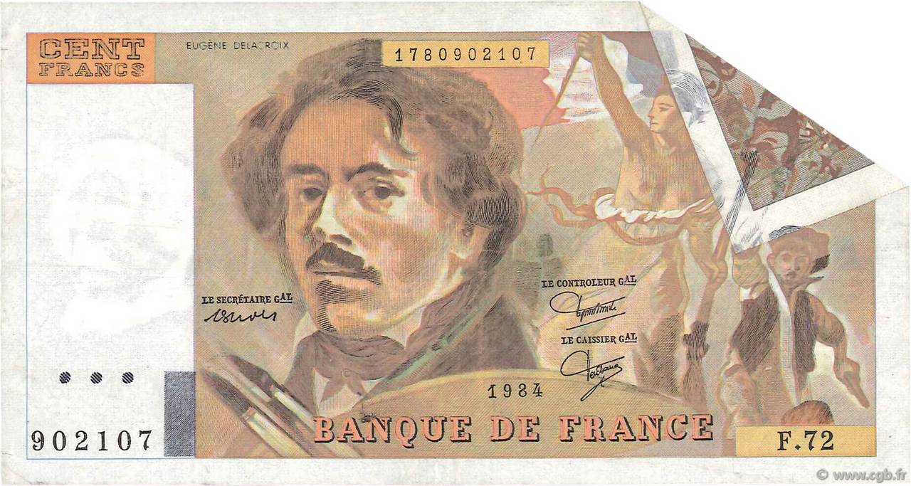 100 Francs DELACROIX modifié Fauté FRANCE  1984 F.69.08a XF
